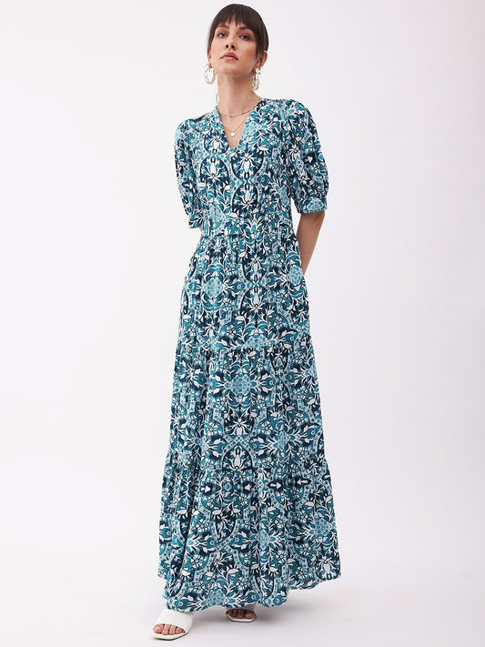 Blue Floral Tile Print Maxi Dress