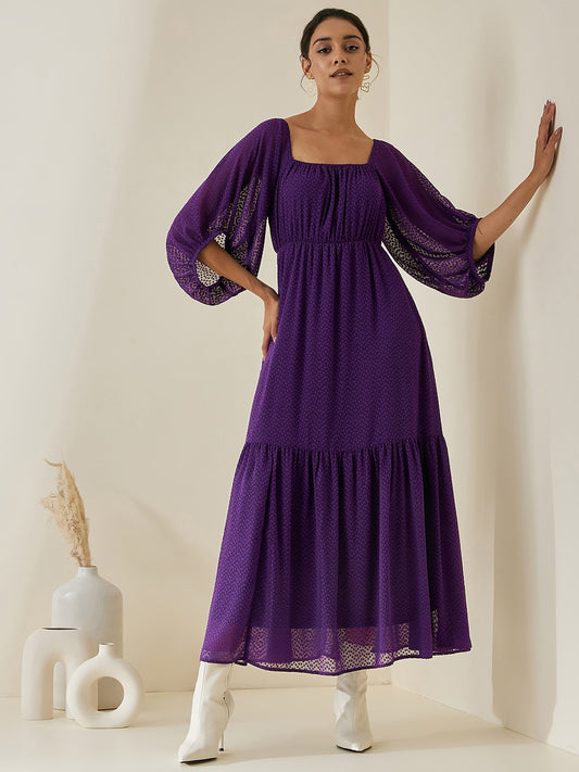 Purple Dobby Ruched Tiered Maxi Dress