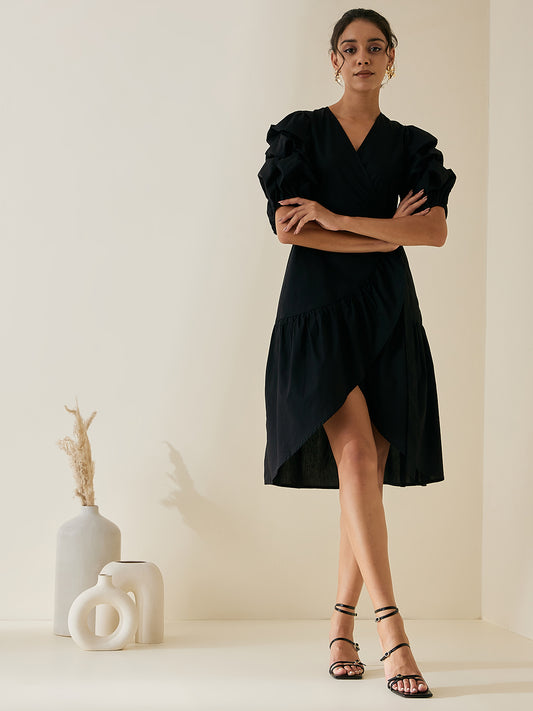 Black Cotton Poplin Wrap Midi Dress