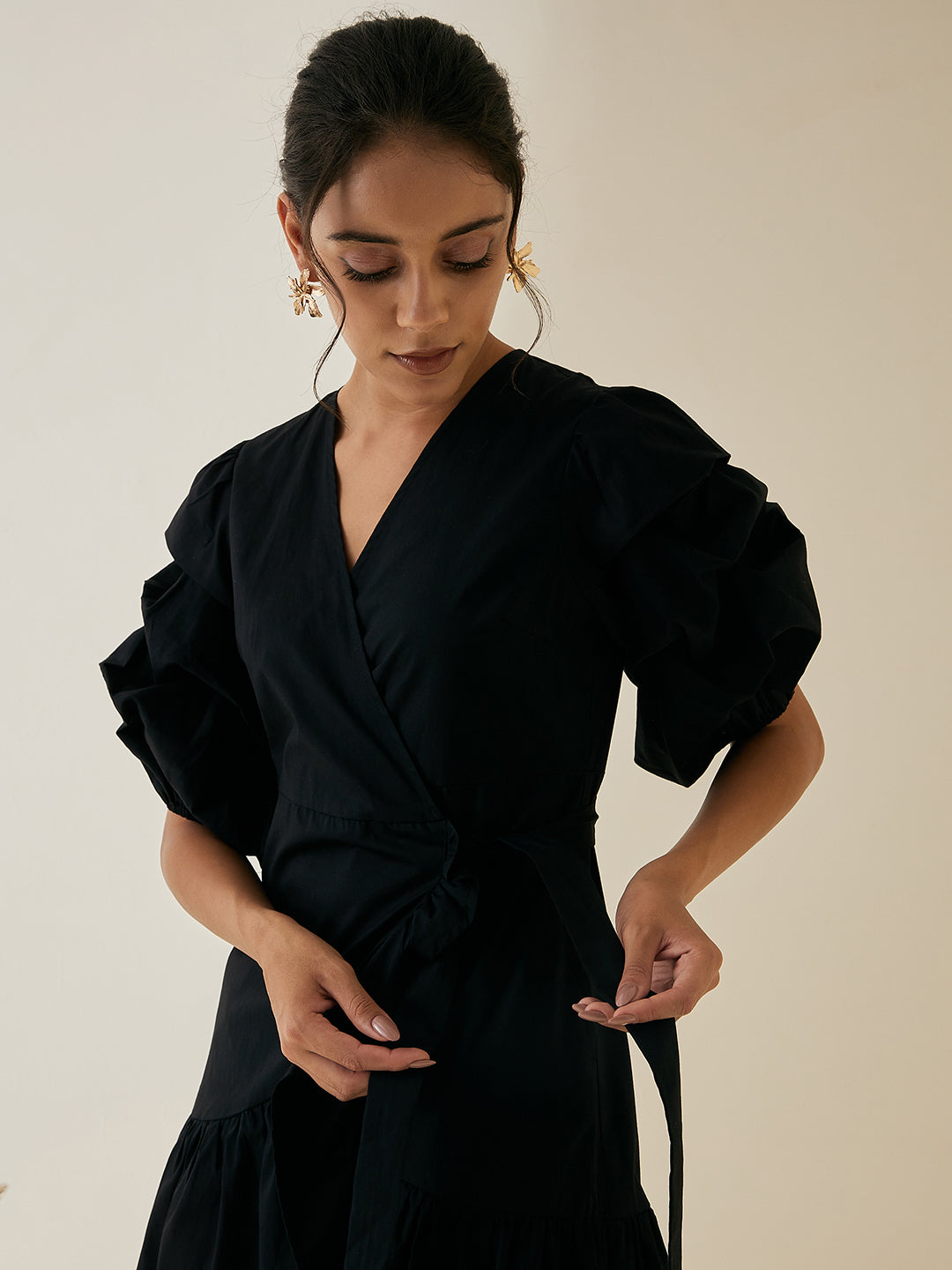 Black Cotton Poplin Wrap Midi Dress