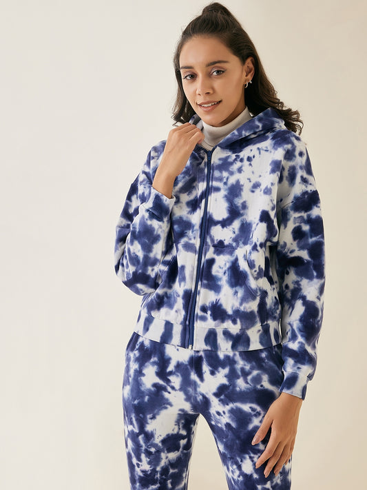 Blue Tie-Dye Hooded Cropped Fleece Zip Up