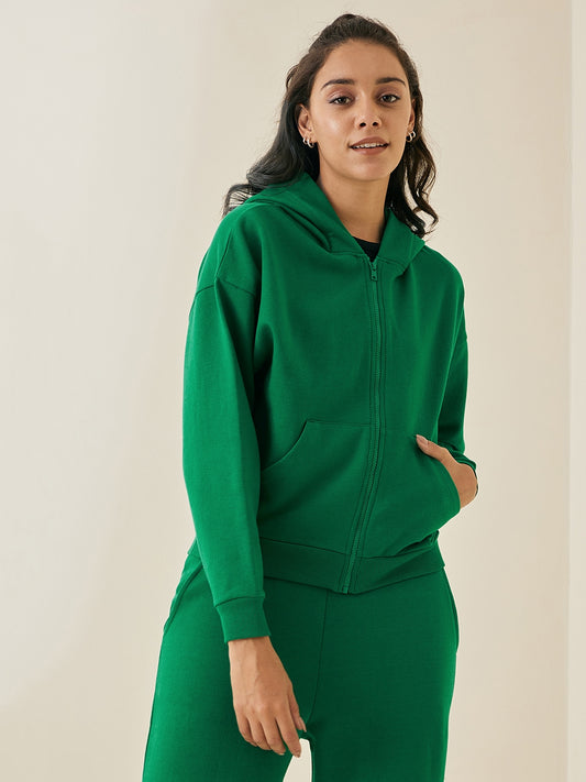 Green Hooded Cropped Fleece Zip Up