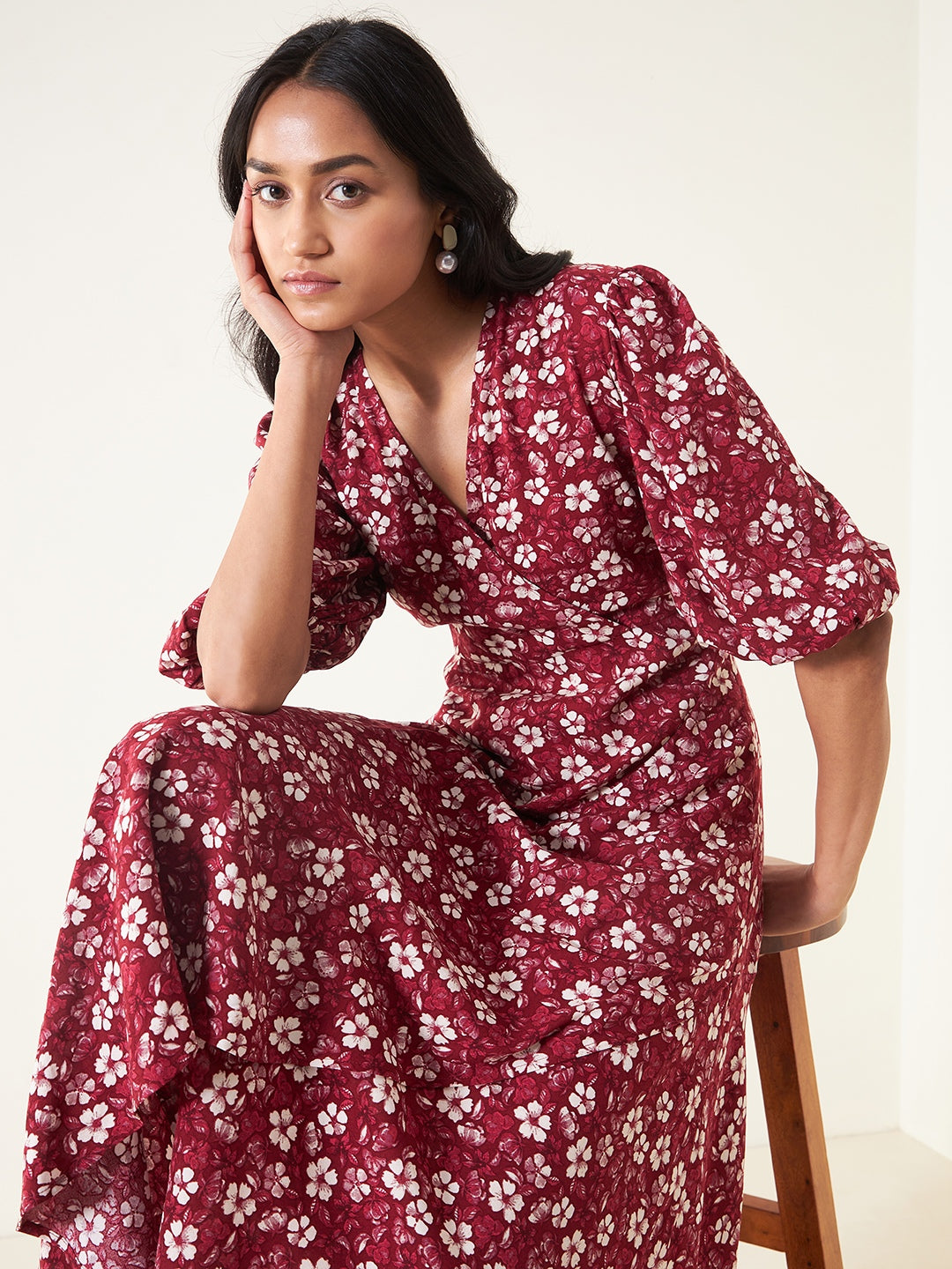 Red Floral Wrap Ruffle Maxi Dress