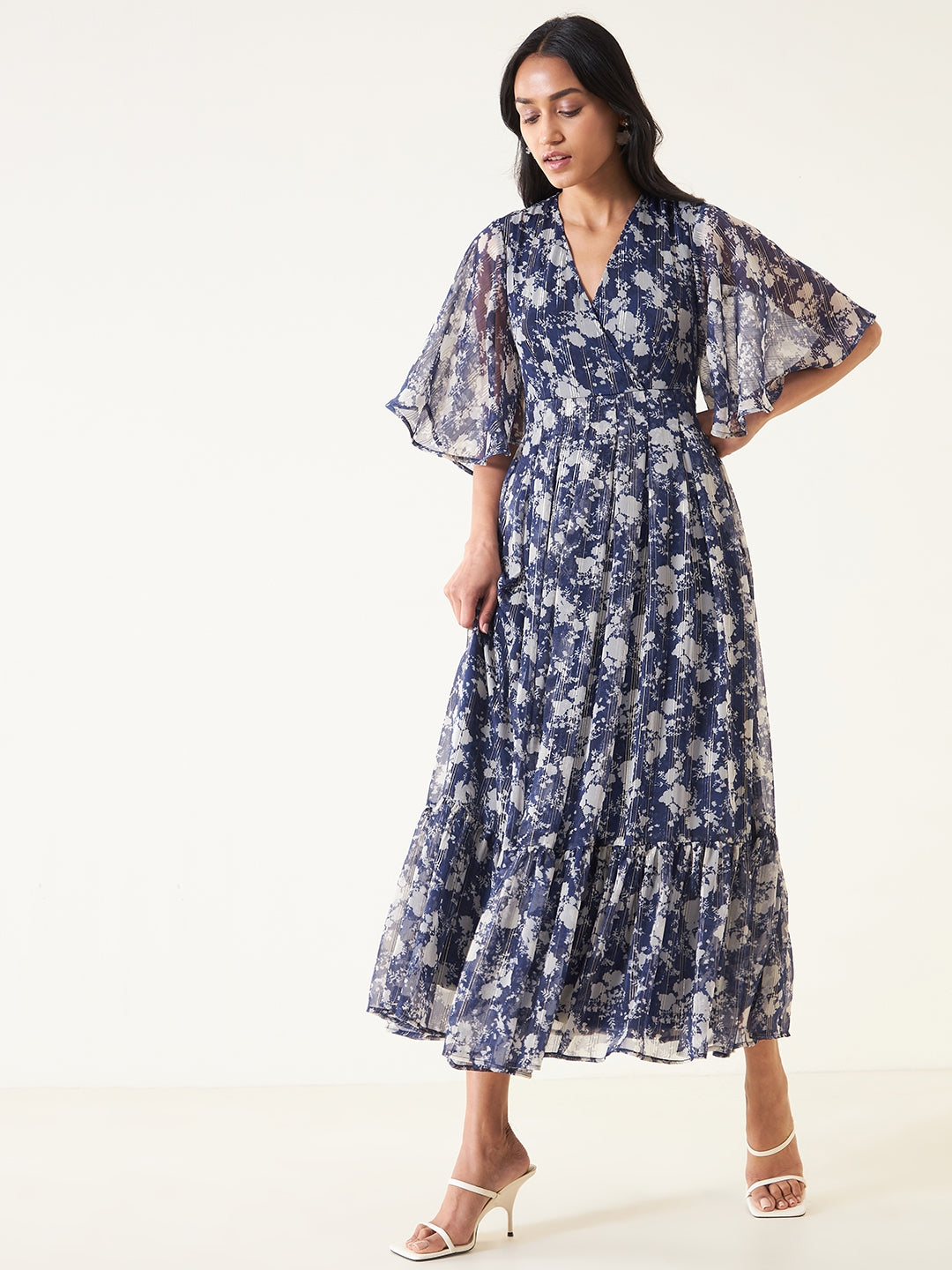 Navy Floral Lurex Tiered Maxi Dress