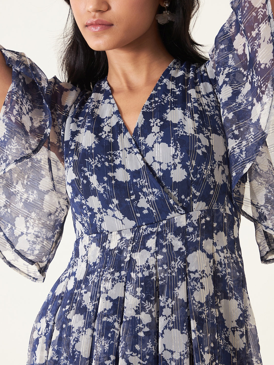 Navy Floral Lurex Tiered Maxi Dress