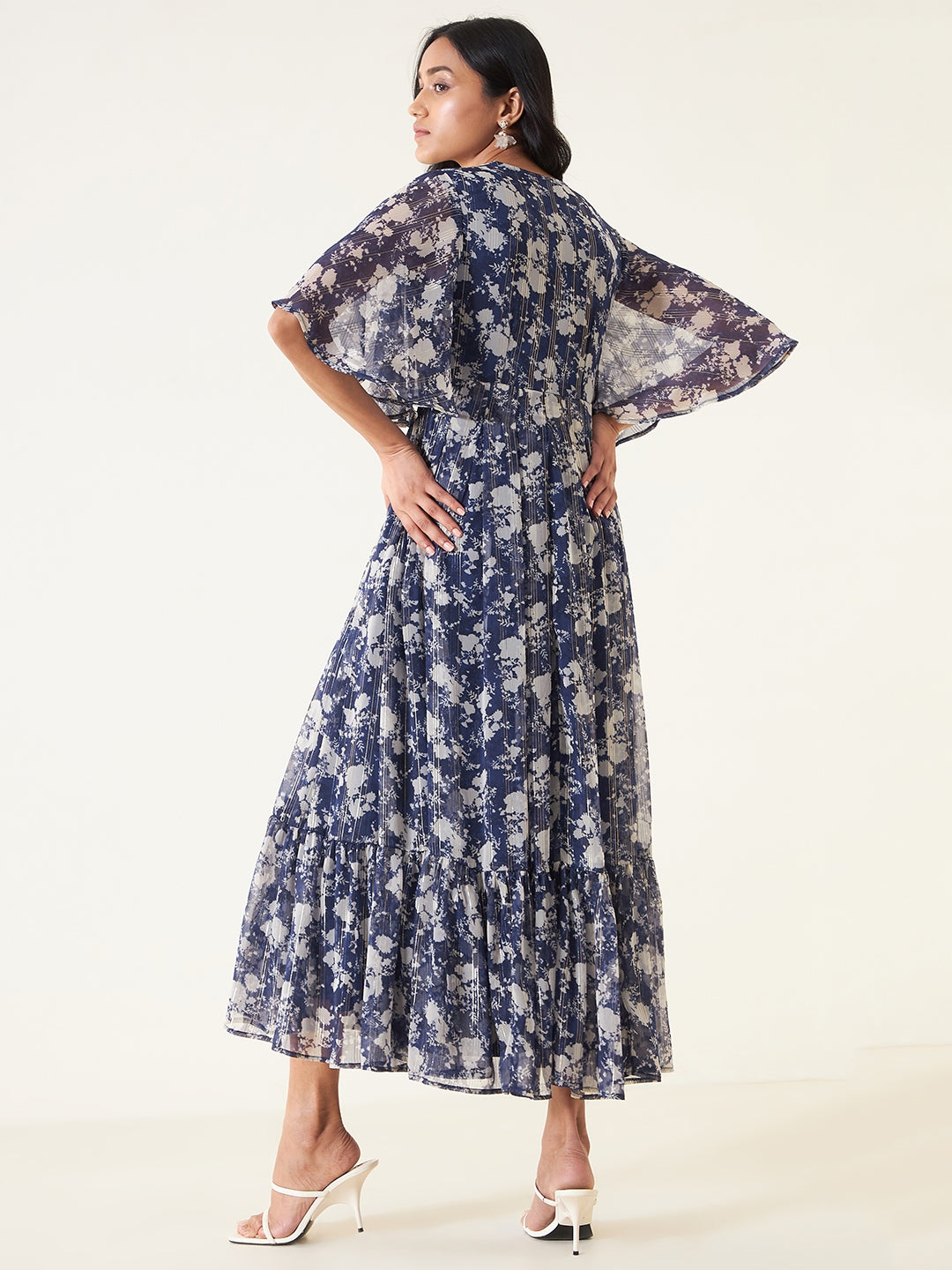 Navy Floral Lurex Tiered Maxi Dress