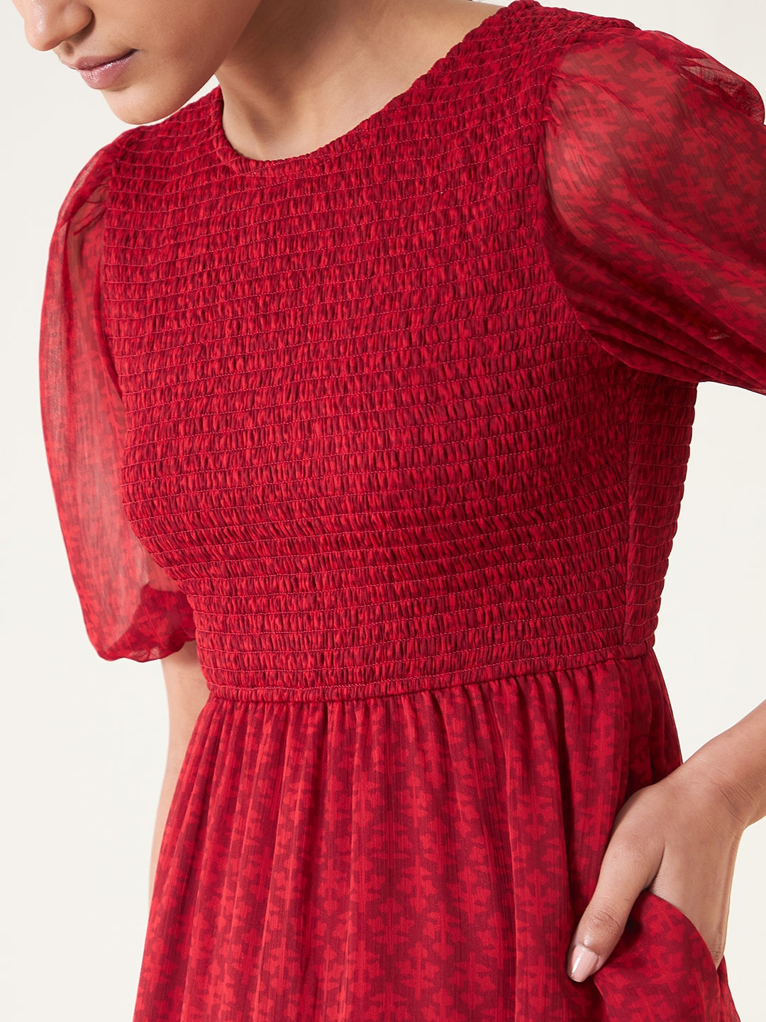 Red Printed Smocked Tier Midi Dress
