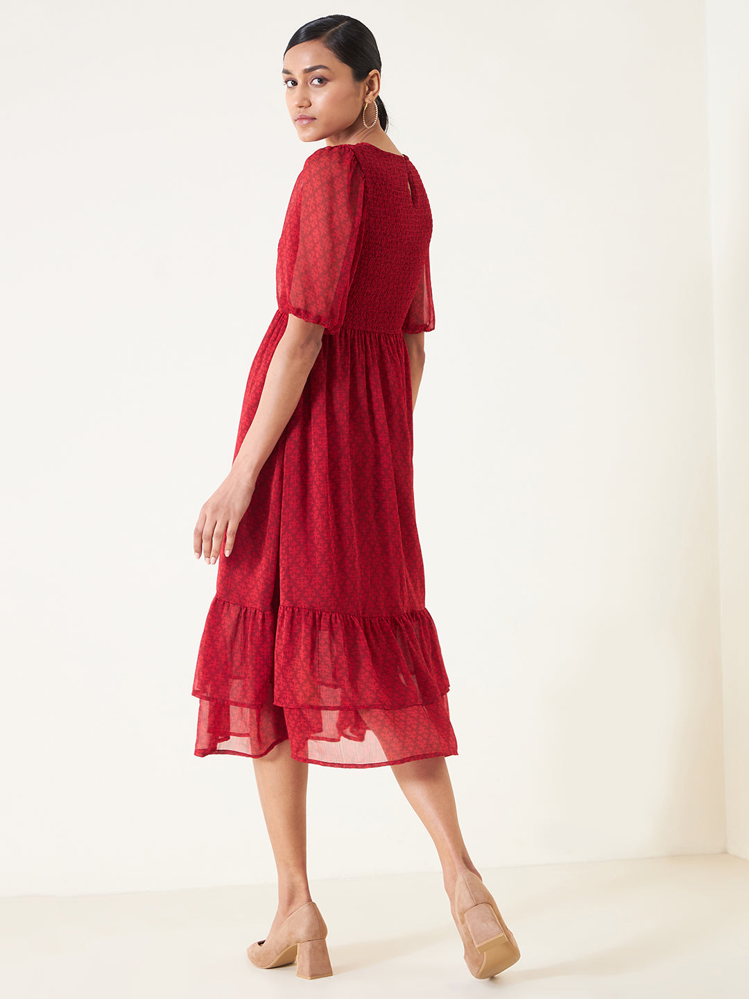 Red Printed Smocked Tier Midi Dress