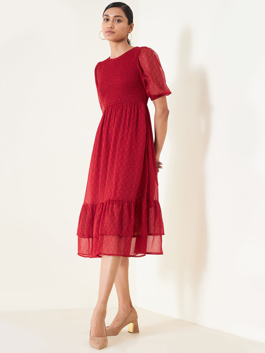 Red Printed Smocked Tier Midi Dress