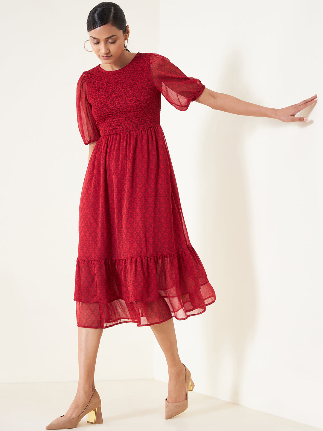 Red Printed Smocked Tier Midi Dress