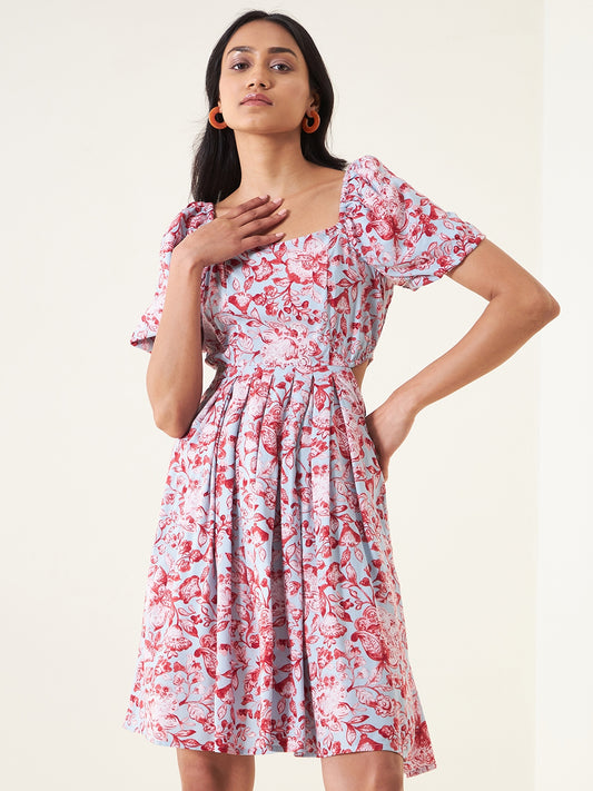 Pastel Blue Floral Cut Out Mini Dress