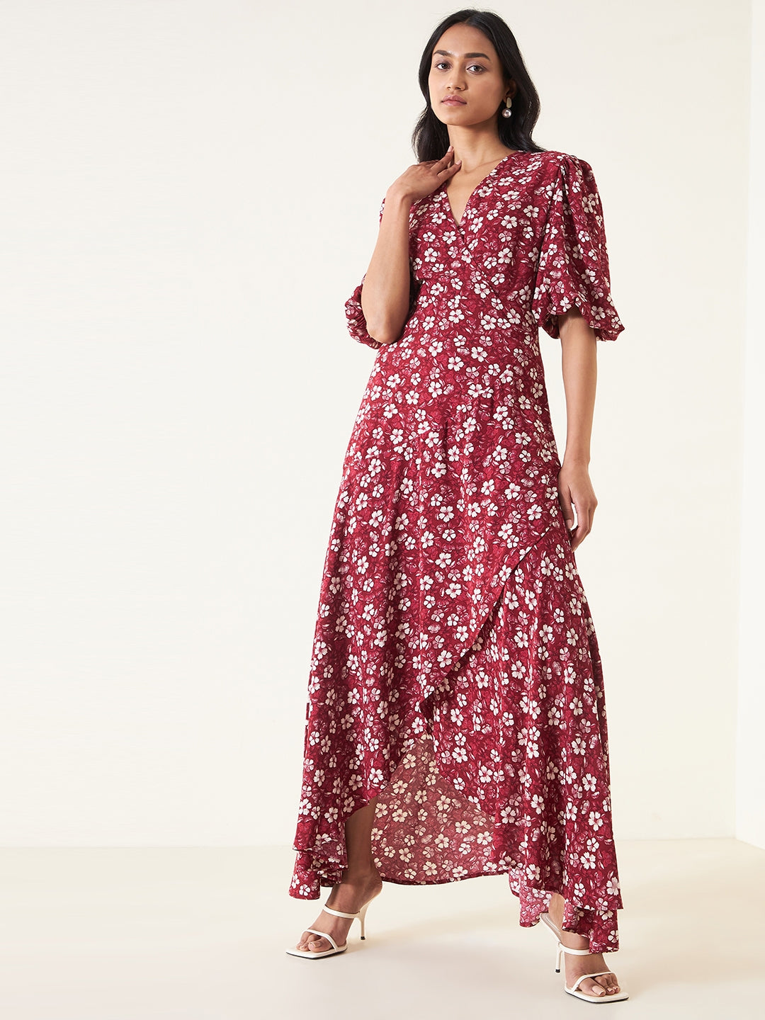 Red Floral Wrap Ruffle Maxi Dress