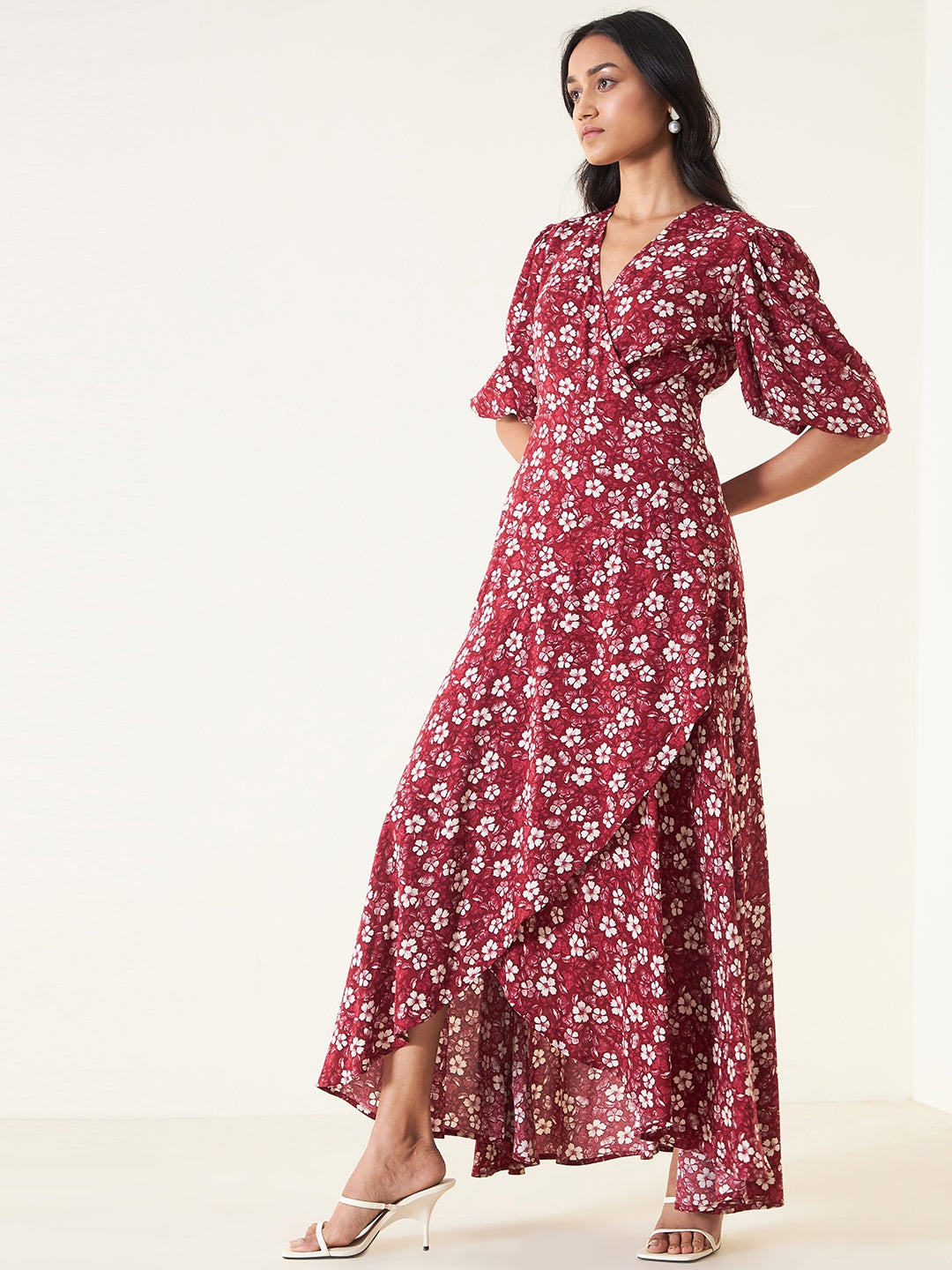 Red Floral Wrap Ruffle Maxi Dress