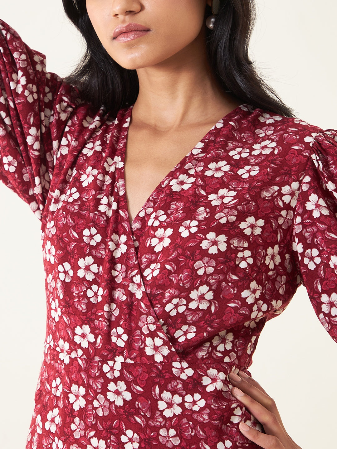 Red Floral Wrap Ruffle Maxi Dress