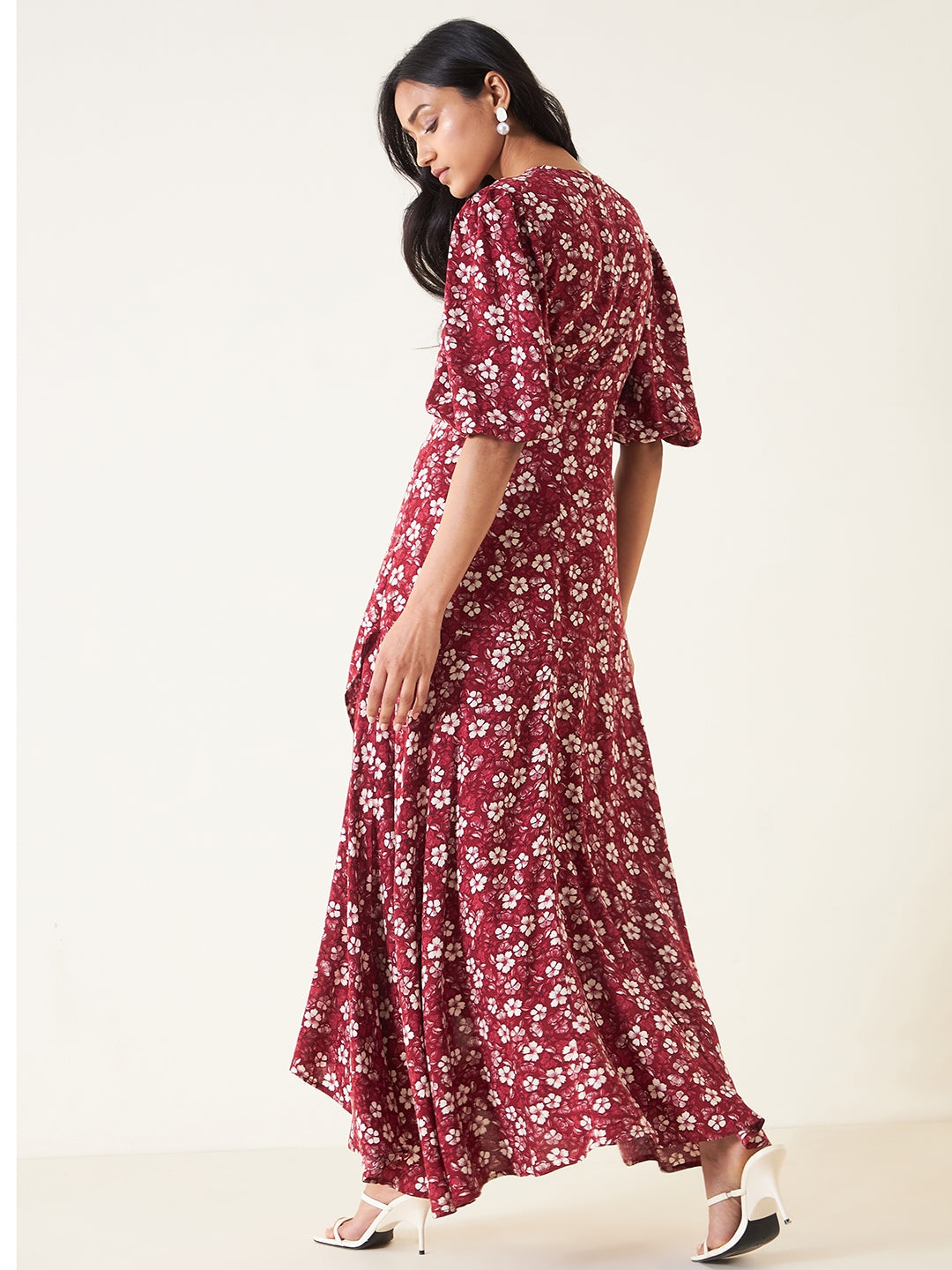 Red Floral Wrap Ruffle Maxi Dress