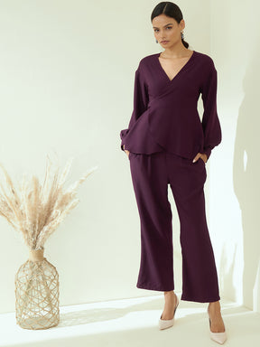 Wine Solid Peplum Co-Ord Set