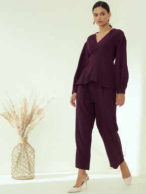 Wine Solid Peplum Co-Ord Set