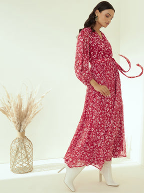 Red Floral Printed Wrap Maxi Dress