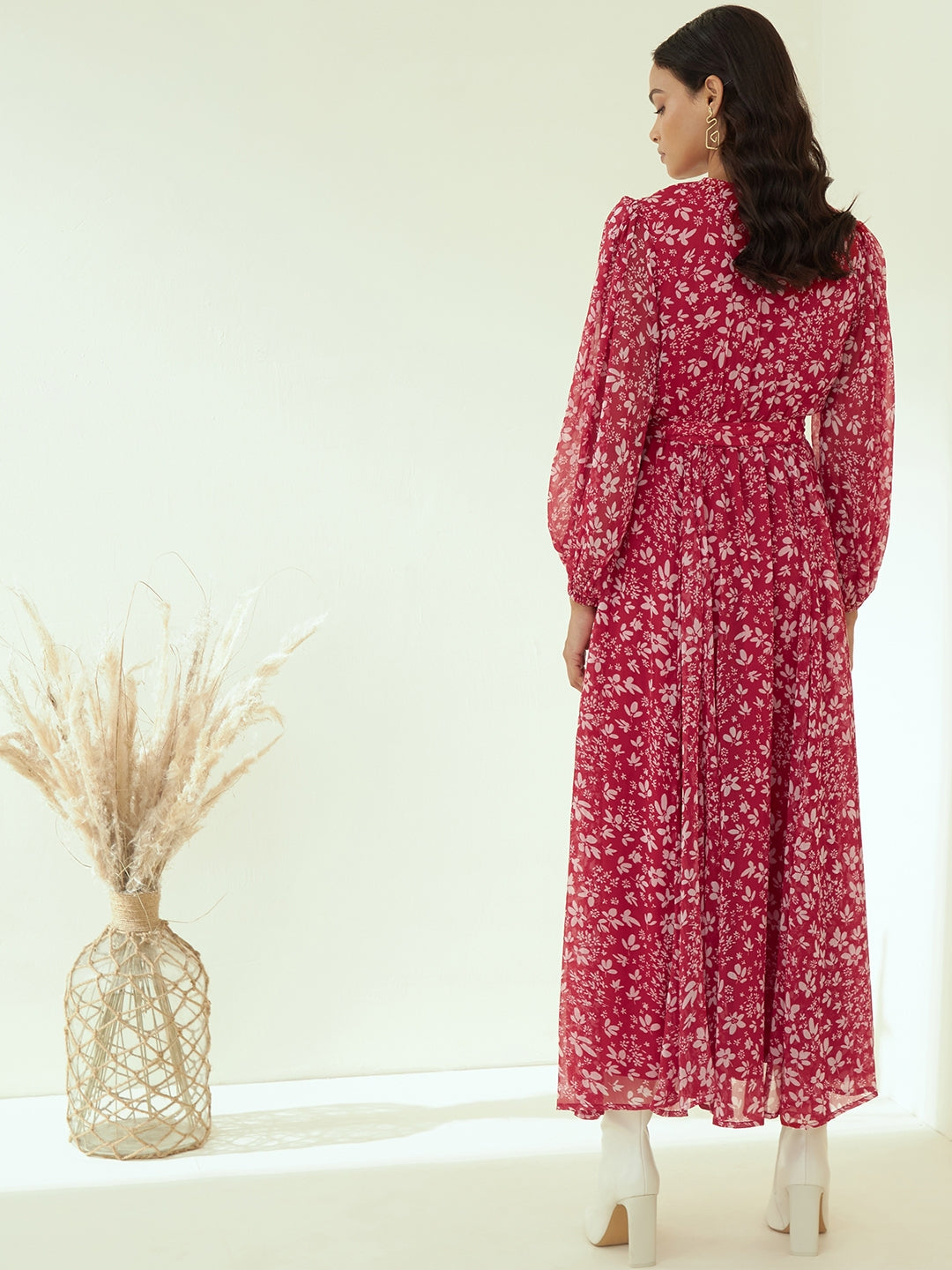 Red Floral Printed Wrap Maxi Dress