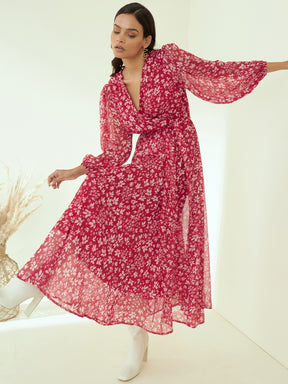 Red Floral Printed Wrap Maxi Dress