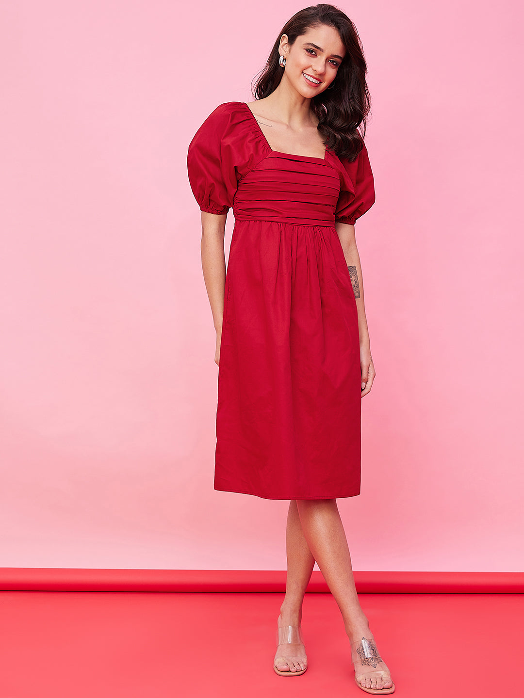 Red Cotton Pleated Bodice Midi Dress