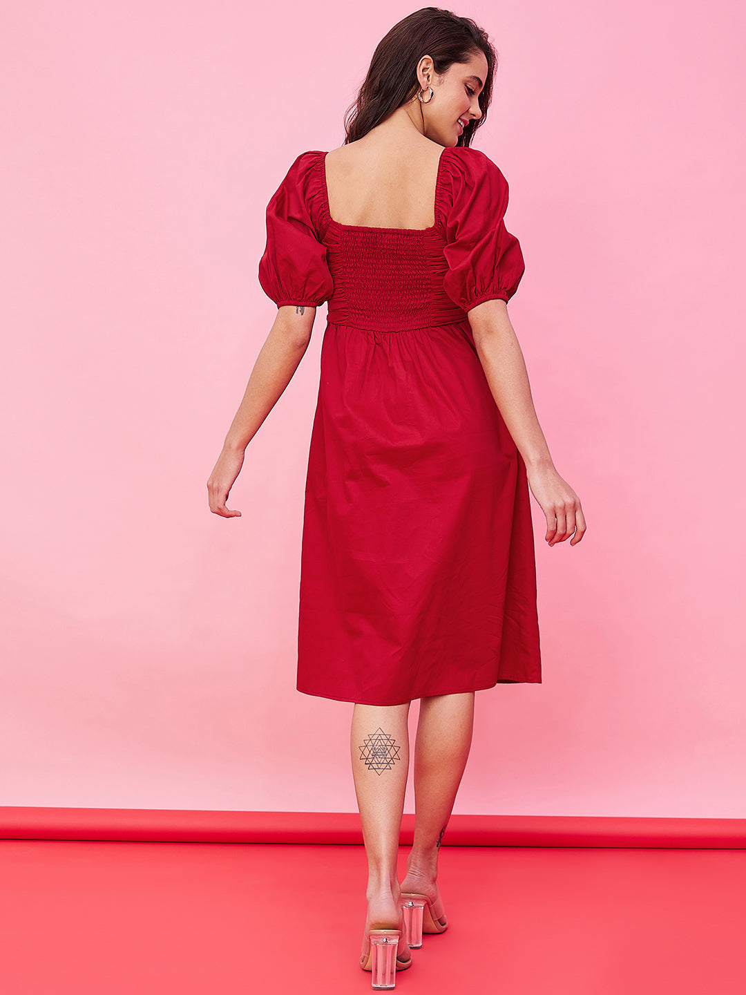 Red Cotton Pleated Bodice Midi Dress