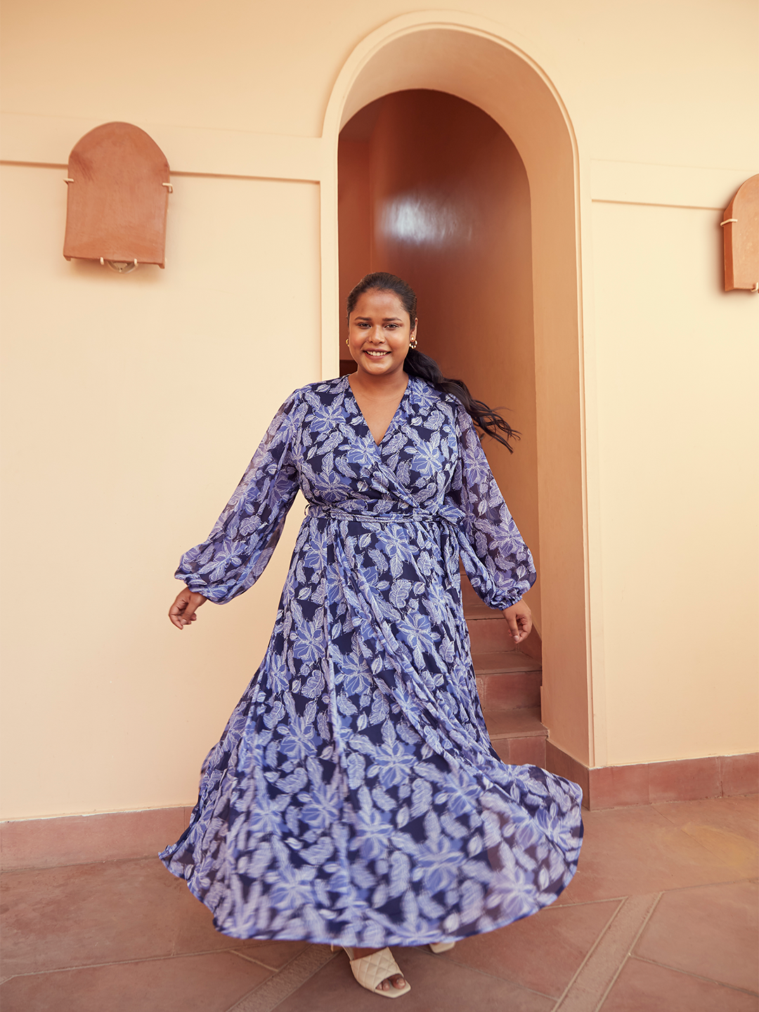 Blue Floral Printed Wrap Maxi Dress