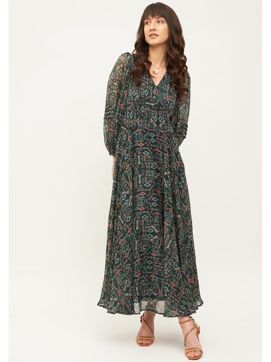 Green Tribal Printed Corset Maxi Dress