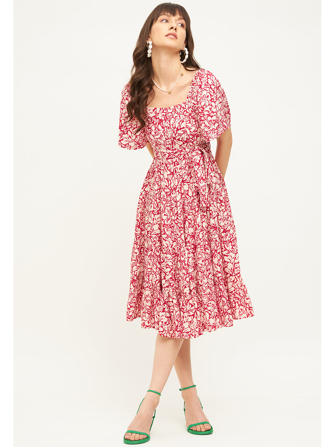 Red Floral Tiered Midi Dress