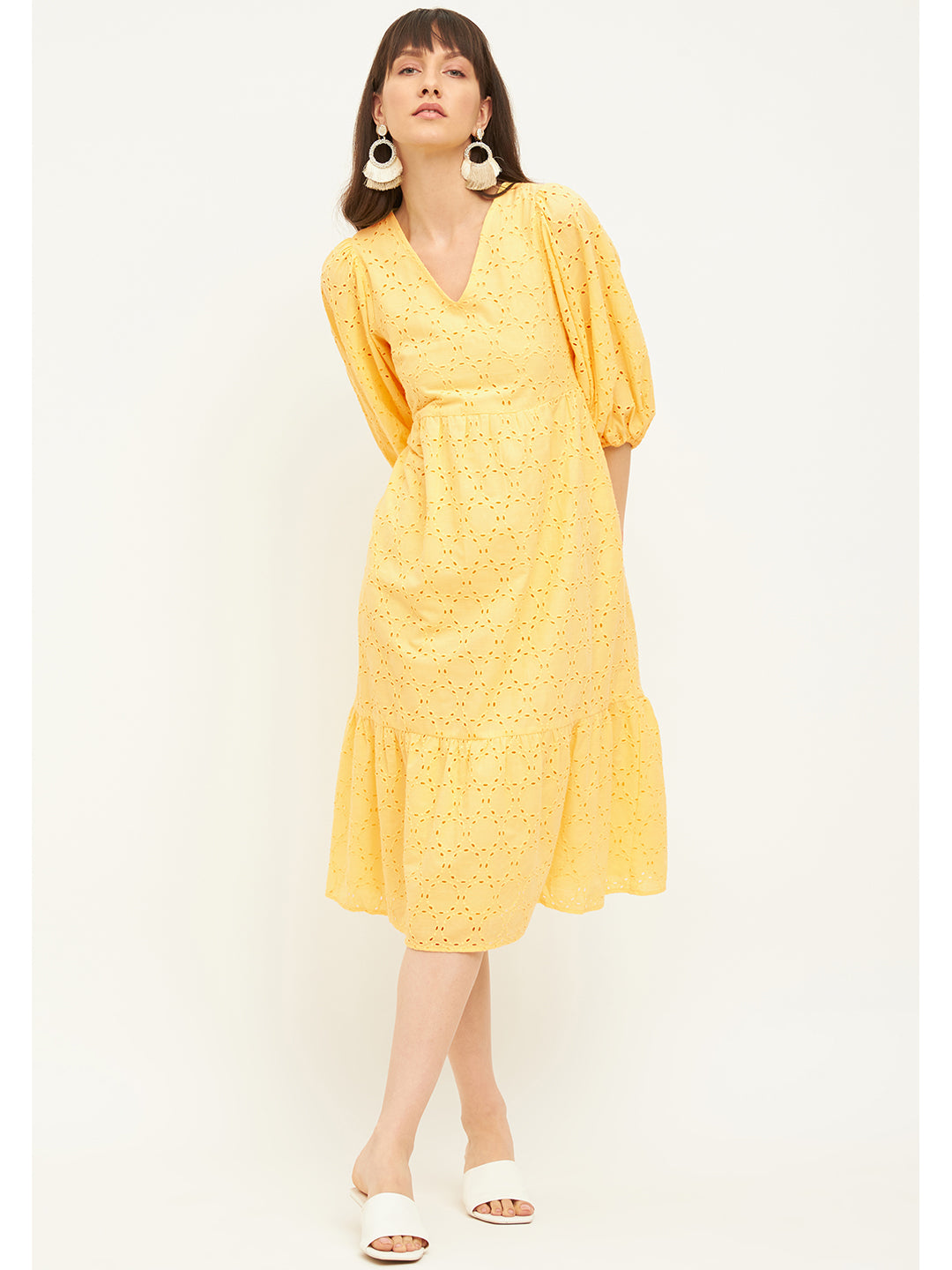 Yellow Cotton Schiffli V Neck Midi Dress