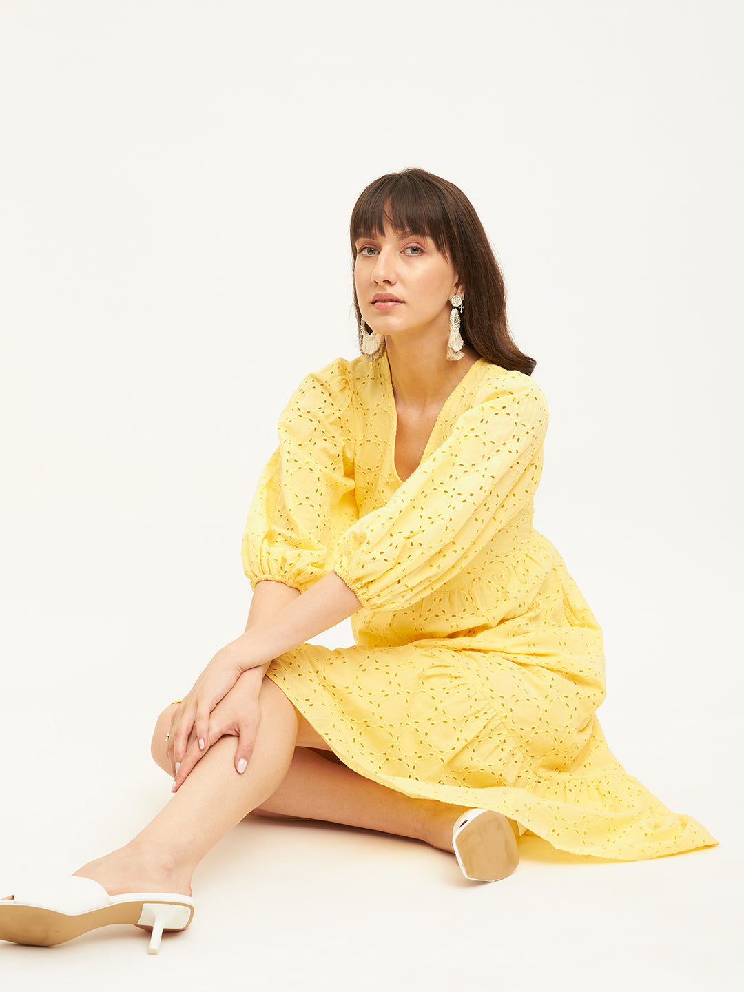 Yellow Cotton Schiffli V Neck Midi Dress
