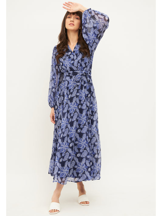 Blue Floral Printed Wrap Maxi Dress