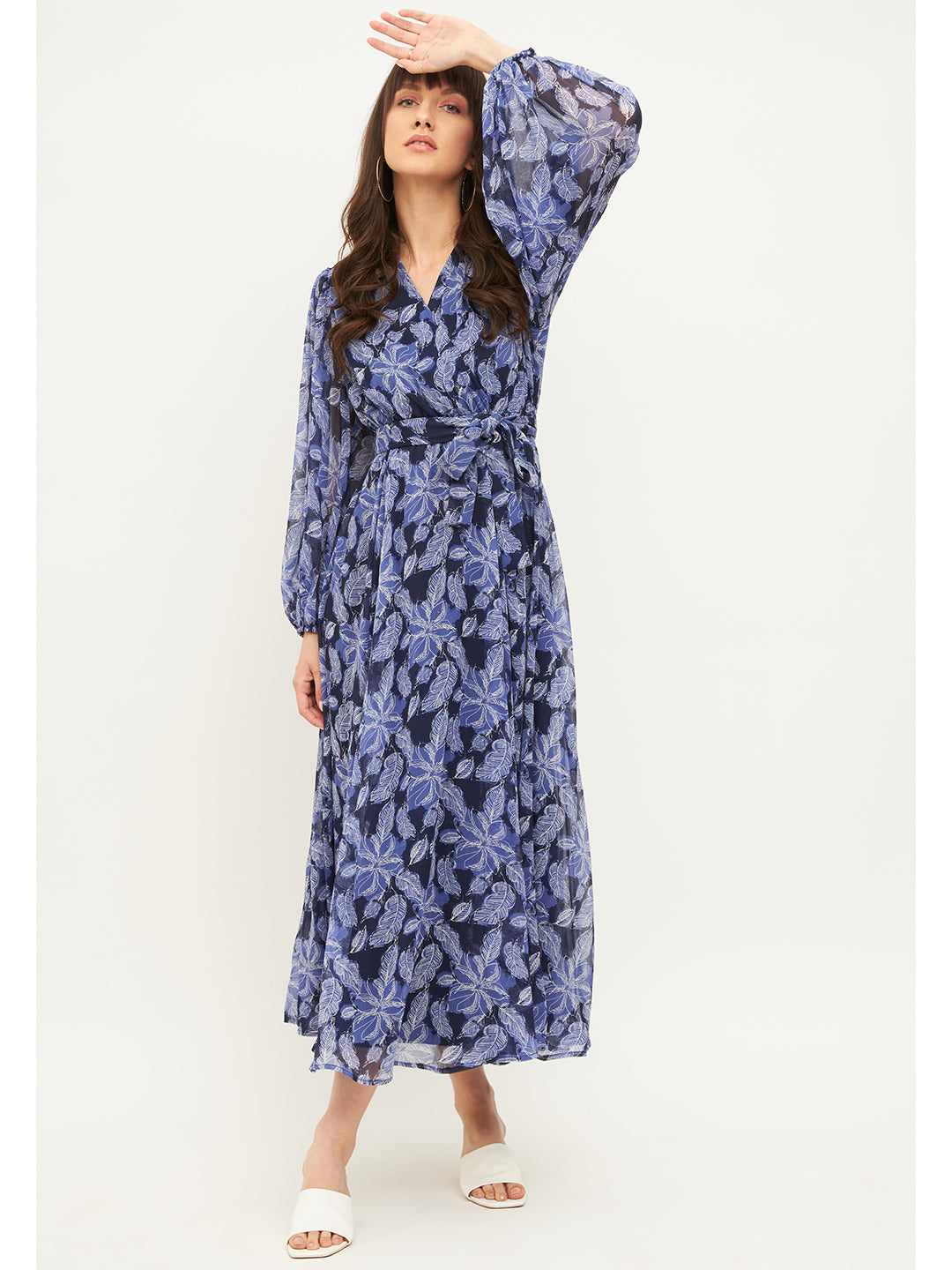 Blue Floral Printed Wrap Maxi Dress