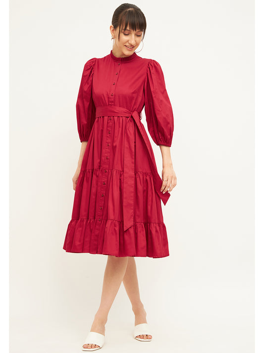 Red Cotton Tiered Fit & Flare Midi Dress
