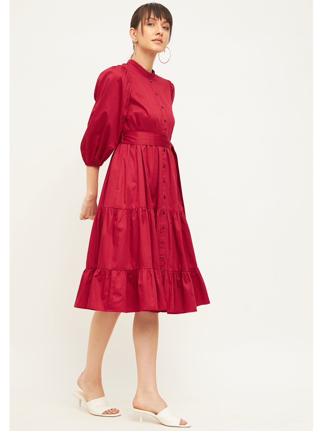 Red Cotton Tiered Fit & Flare Midi Dress