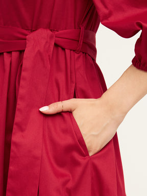 Red Cotton Tiered Fit & Flare Midi Dress