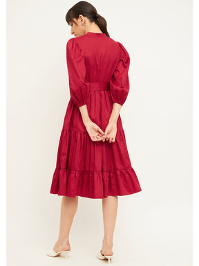 Red Cotton Tiered Fit & Flare Midi Dress