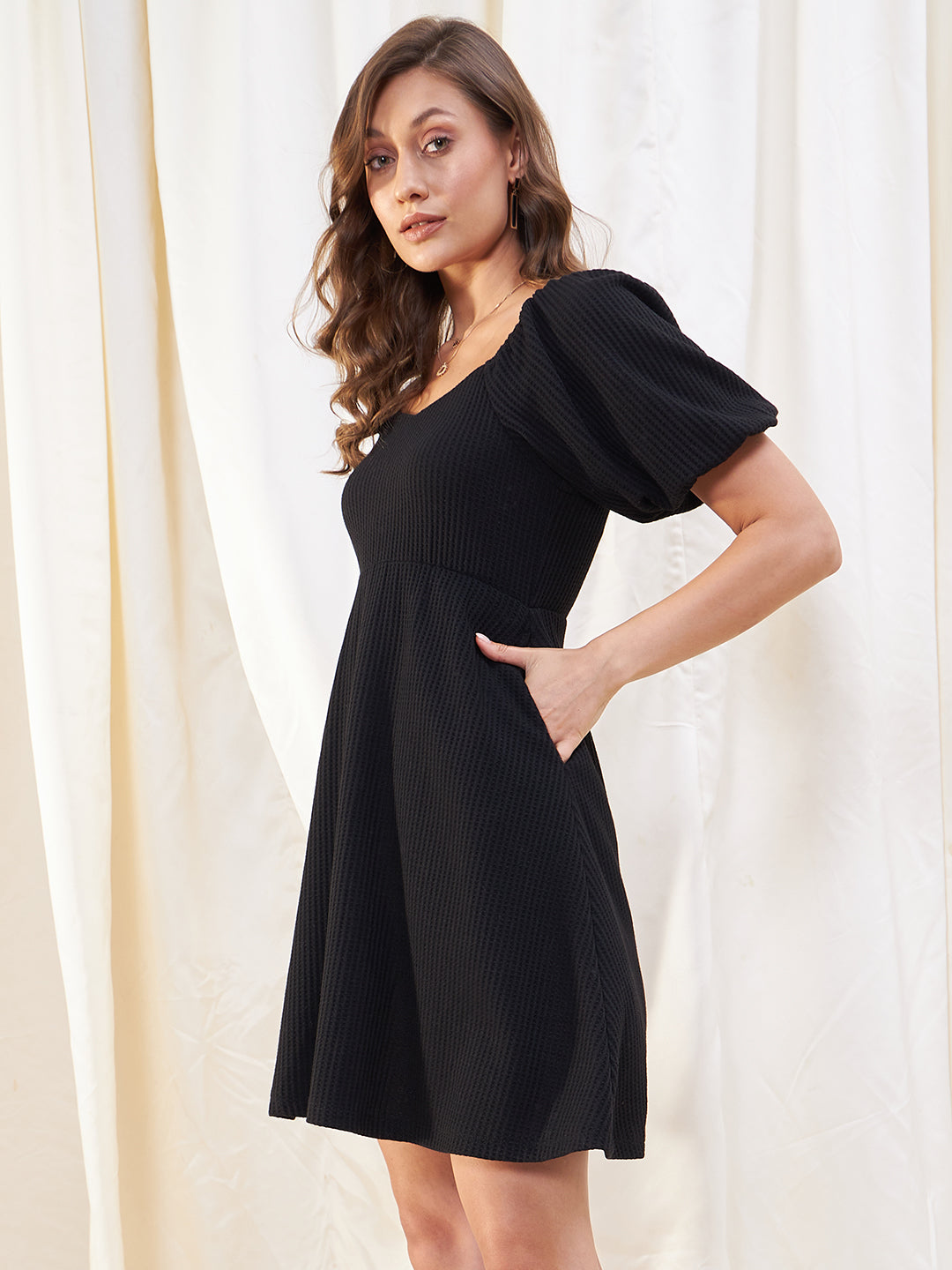 Black Waffle Fit And Flare Mini Dress