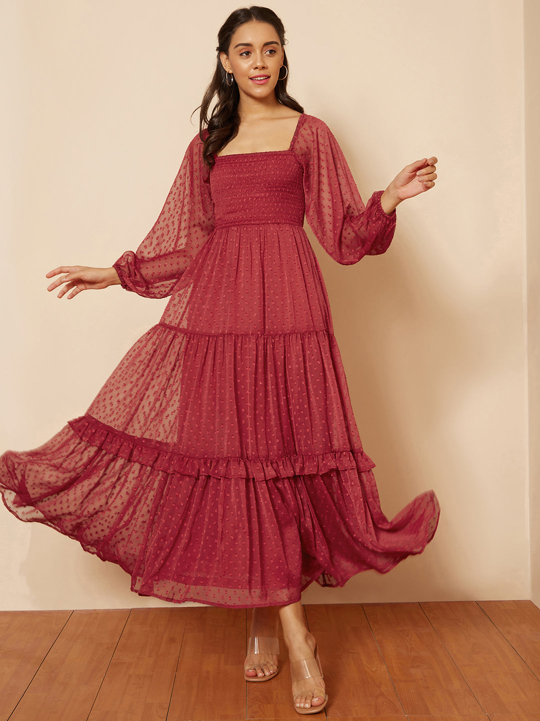 Red Dobby Smocked Maxi Dress