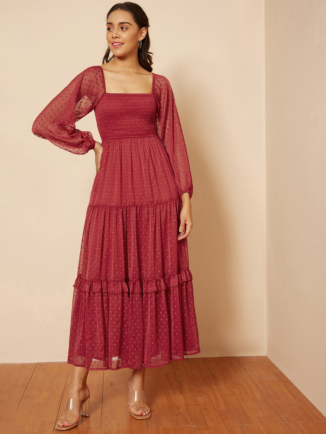 Red Dobby Smocked Maxi Dress