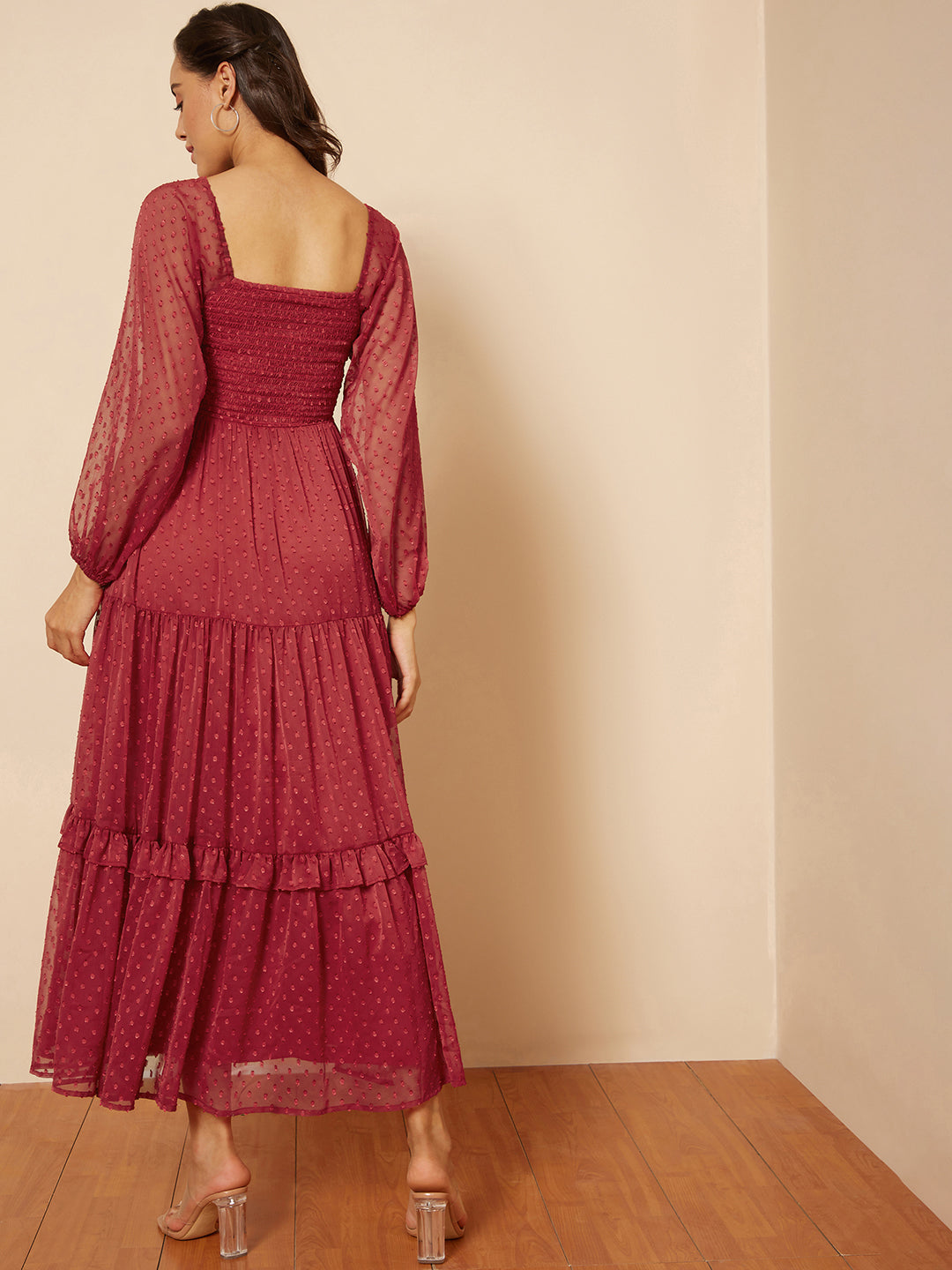 Red Dobby Smocked Maxi Dress