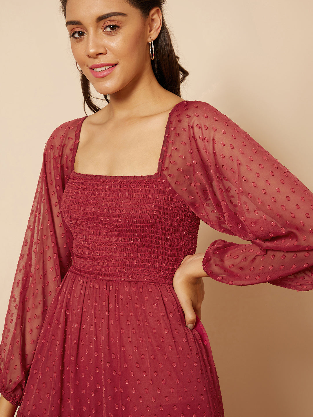 Red Dobby Smocked Maxi Dress