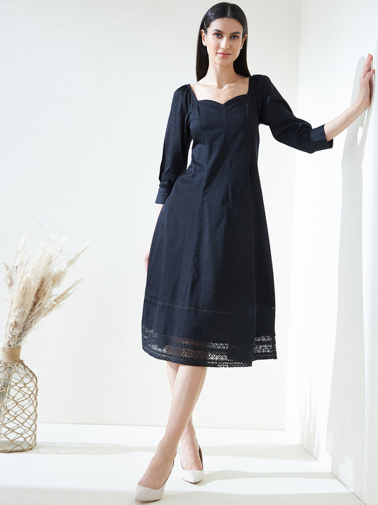Black Cotton Fit And Flare Midi Dress