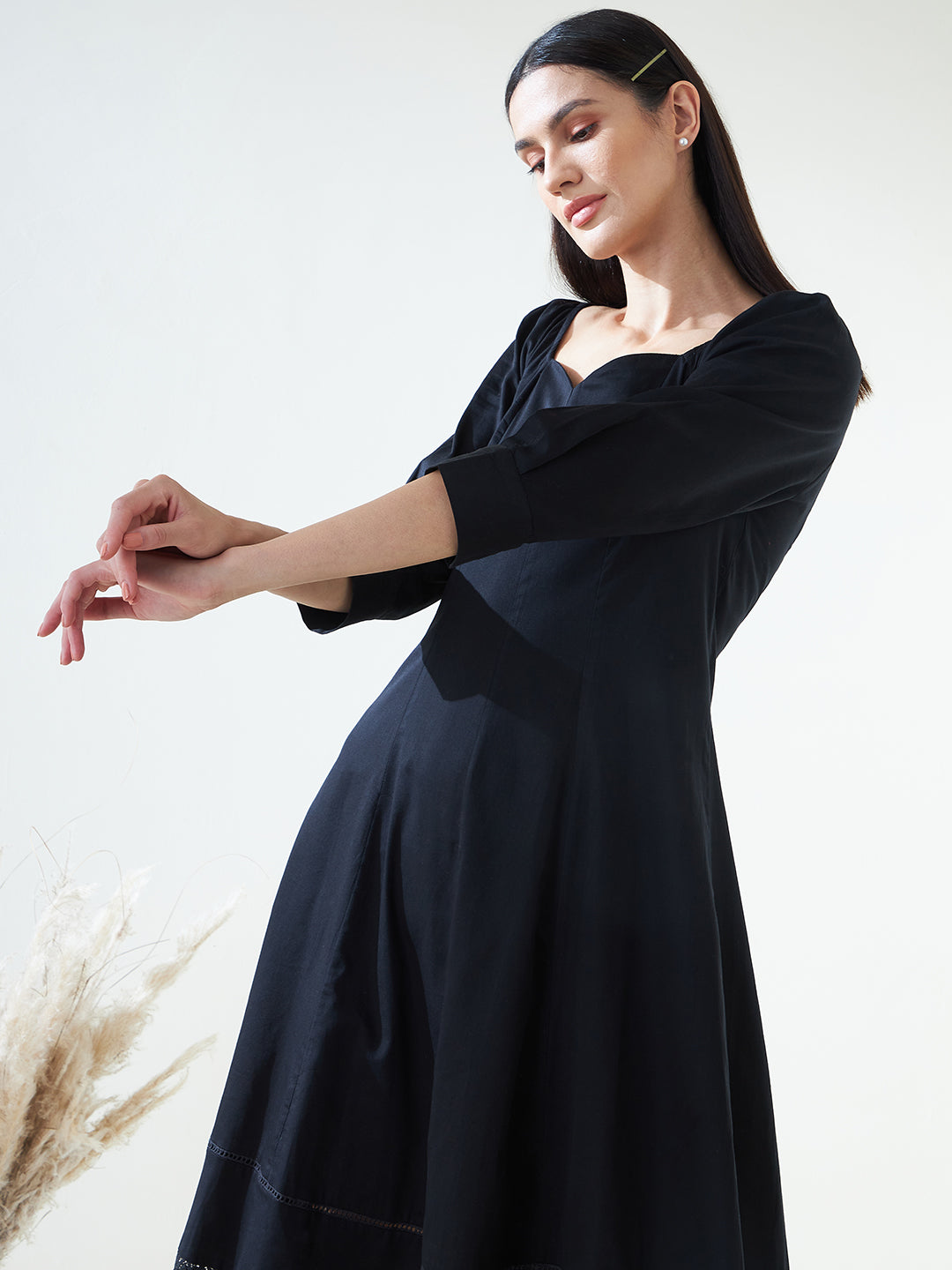 Black Cotton Fit And Flare Midi Dress