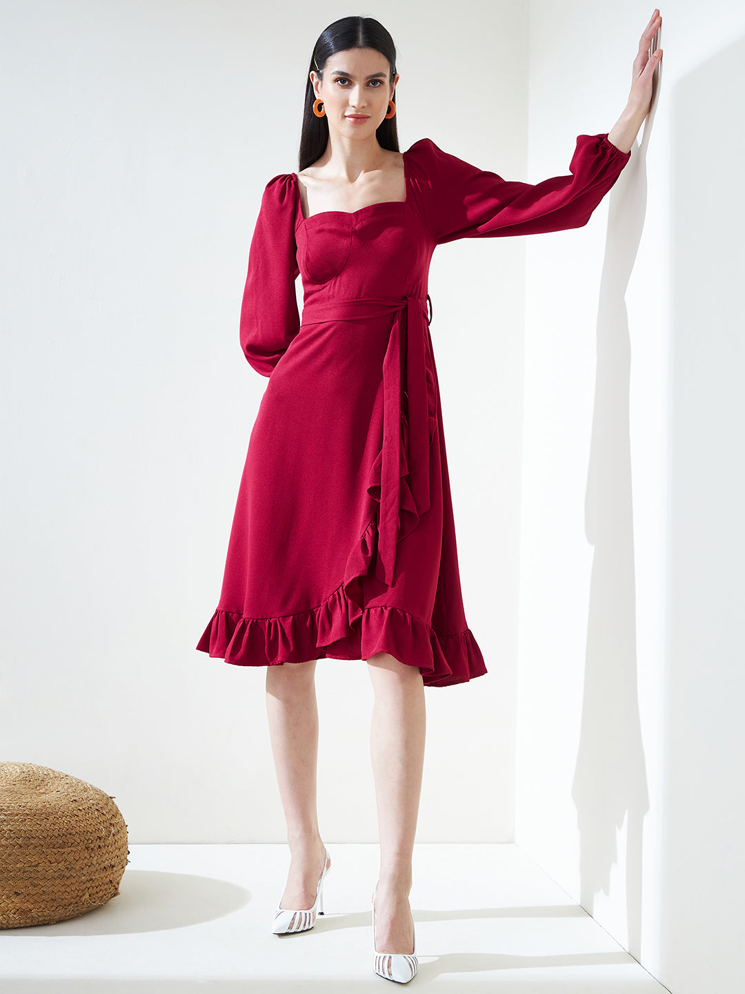 Deep Red Formal  Wrap Midi Dress