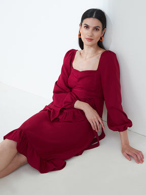 Deep Red Formal  Wrap Midi Dress
