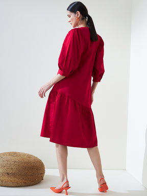 Red Cotton Asymmetric Tiered Midi Dress