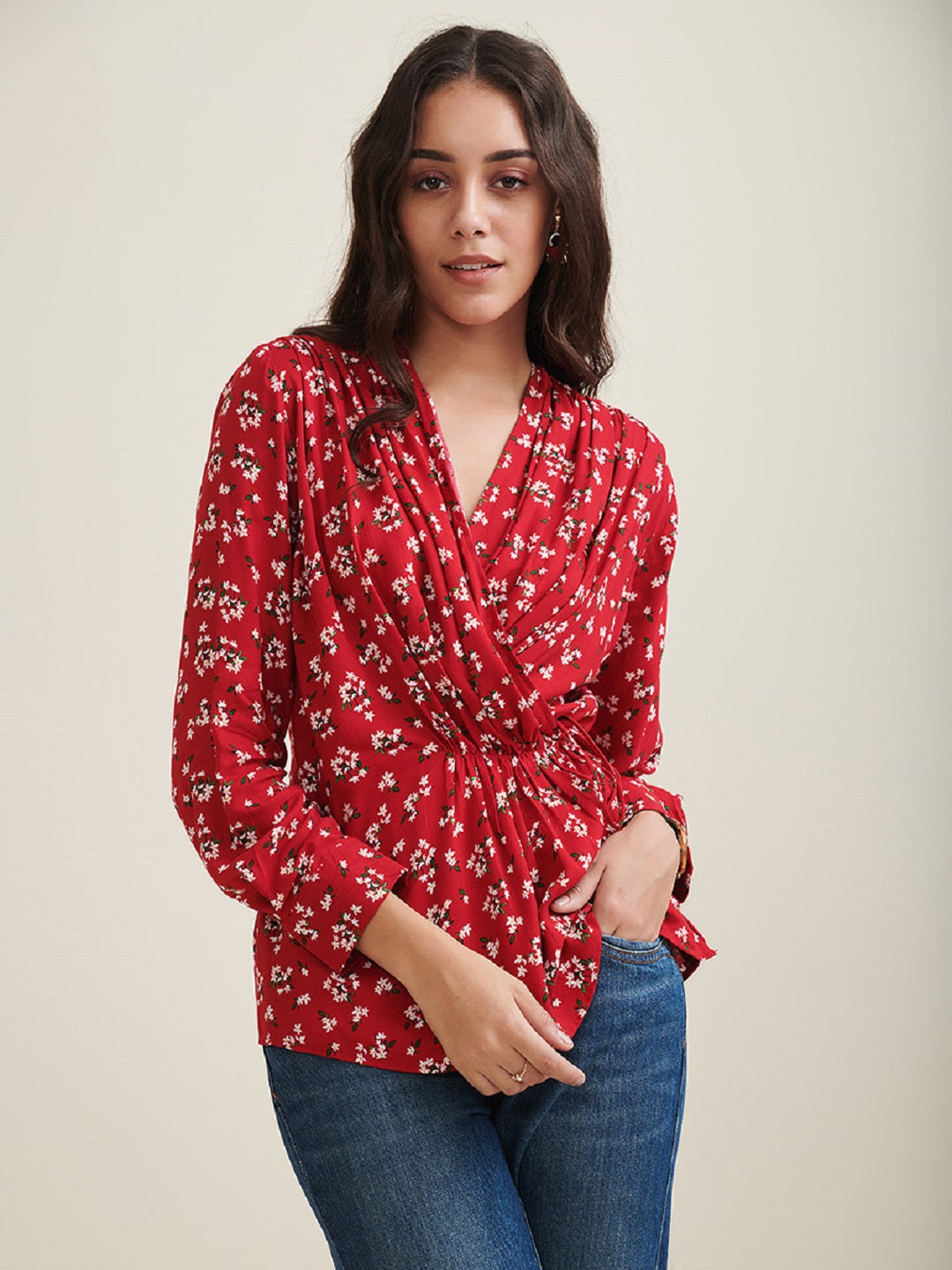 Red Floral Wrap Pleated Top