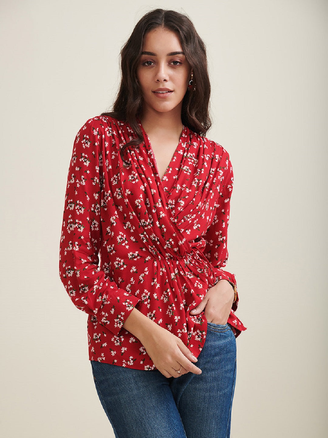 Red Floral Wrap Pleated Top