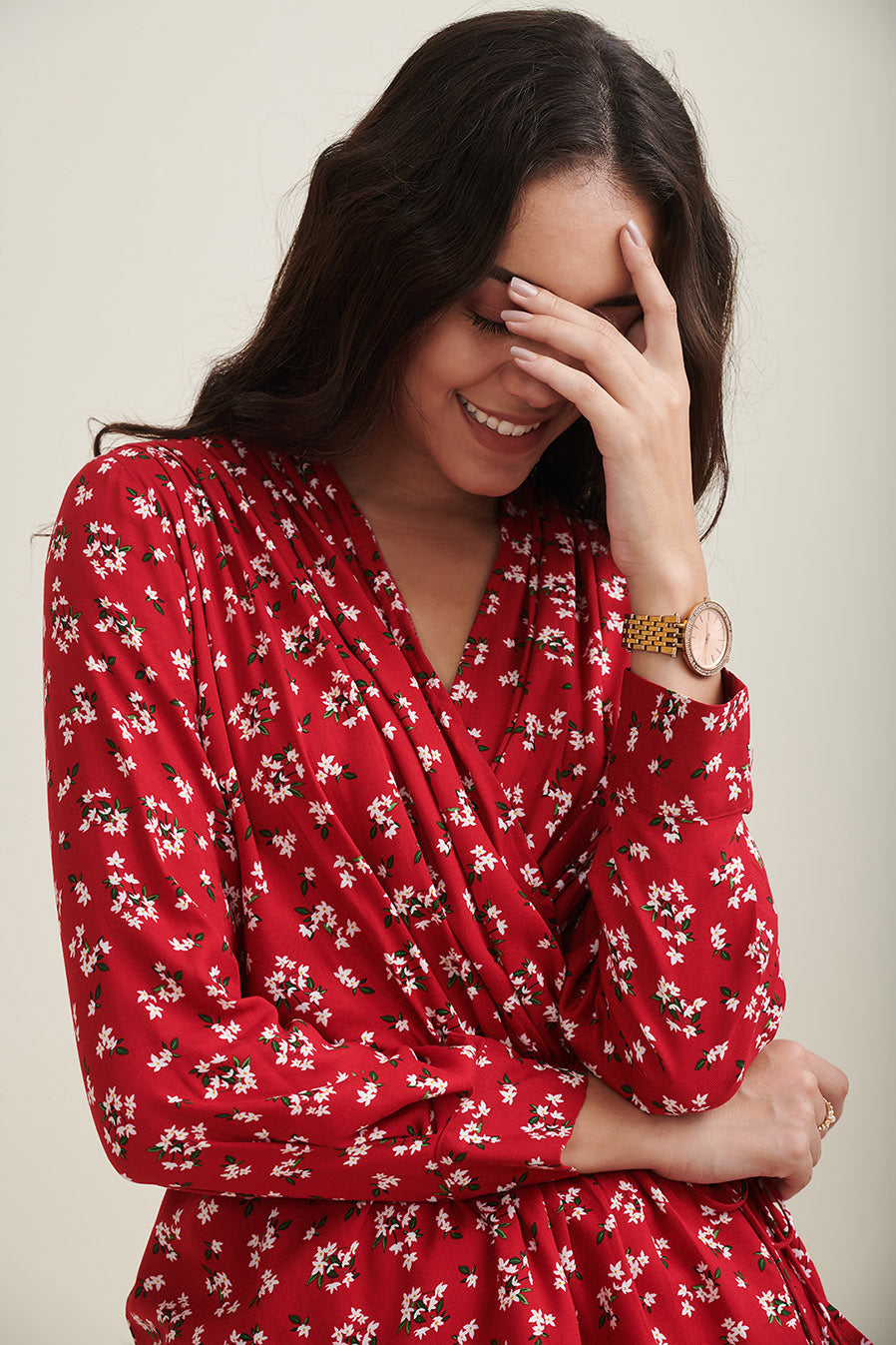 Red Floral Wrap Pleated Top